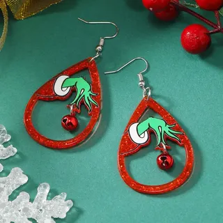 Christmas Black Cat Acrylic Earrings - Cute Cartoon Cat with Santa Hat & String Lights, Silver Hook Dangle Earrings, Holiday Gift for Women, 1 Pair