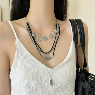 New Chinese Style Layered Necklace, Alloy Vintage Round Disc Pendant with Leather Cord, Hollow Ring & Diamond Drop, 39+5cm