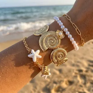 Summer Ocean Beach Bracelet Set - Gold Ammonite Shell & White Starfish with Faux Pearl Chain, Resin Alloy Boho Stackable Jewelry for Vacation