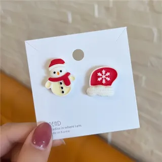Christmas Snowman Resin Asymmetric Earrings Cute Red White 3D Holiday Gift Studs for Women