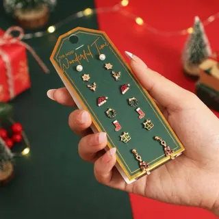 Christmas Earrings Set 8 Pairs, Alloy 18K Gold Plated Enamel Rhinestone Reindeer Gift Box Tree Star Stud Earrings, Festive Holiday Gift Jewelry