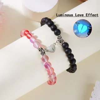 Glow in the Dark Magnetic Heart Bracelet Set for Couples - Frosted Luminous Bead Charm Bracelet, Black & White Pair, Alloy, 6cm