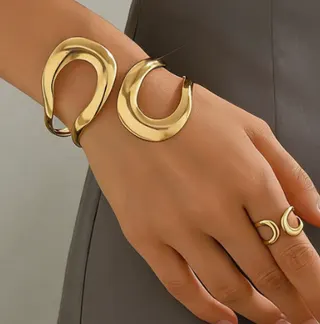 Gold Open Cuff Bangle & Ring Set, Hollow Line Wrap Design, 18K Gold Plated Alloy, Minimalist French Chic Jewelry for Women