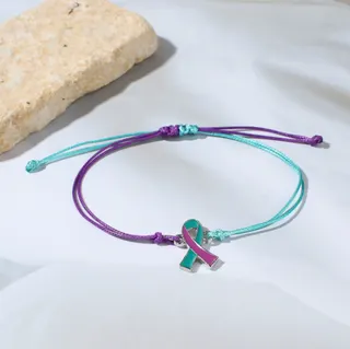 Breast Cancer Awareness Ribbon Bracelet, Purple & Teal Handwoven Adjustable Braided String Bracelet with Alloy Pink-Green Ribbon Charm, Women's Health Care Gift, 16-32cm