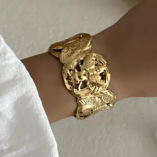 Vintage Baroque Stainless Steel Cuff Bracelet, Gold Wide Open Bangle with Hollowed Wing Relief Carving, Hypoallergenic 18K Gold Plated, Gothic Luxury Statement Jewelry for Women
