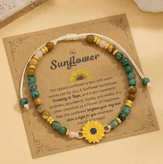 Sunflower Beaded Bracelet for Women, Handmade Elastic String Bracelet with Gold Alloy Sunflower Charm, Multicolor Stone Beads, Meaningful Positivity & Hope Gift for Her