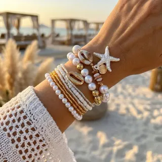 Seashell Starfish Pearl Bracelet Set of 6 - Boho Beach Vacation Stackable Beaded Bracelets, Alloy & Faux Pearl & Resin, White 18cm, Summer Ocean Jewelry for Women