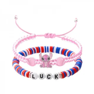 Stitch Cartoon Charm Bracelet Set - Soft Clay & Braided Cord, Purple White & Red White Blue, LUCK Letter Beads, Adjustable Drawstring, Cute Girl Gift for Teens