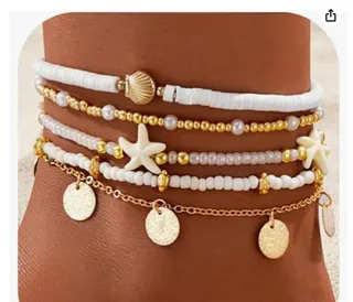 5 Pcs Beaded Ankle Bracelet Set, Ocean Starfish & Shell Charm, Gold Plated Alloy with White Beads & Round Disc Pendants, Boho Beach Anklet 22+5cm