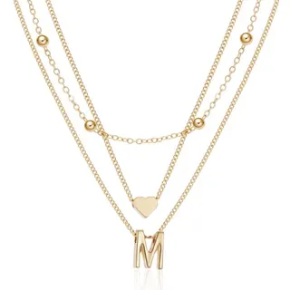 3-Layer Letter M Heart Bead Necklace, 18K Gold Plated Alloy Multi-Strand Pendant Chain, 38/42/58cm +5cm Extender, Women's Jewelry Gift