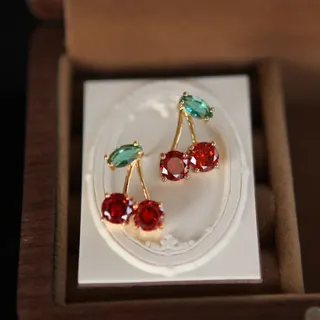 Vintage Cherry Stud Earrings, Red & Green Zircon Fruit Design, 18K Gold Plated Alloy, Sweet Girl Jewelry, Pair 2x3.5cm