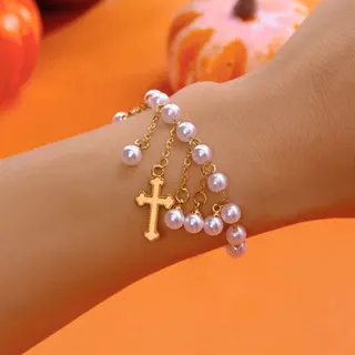 Luxury Vintage Cross Pearl Tassel Necklace, 18K Gold Plated Alloy with Rhinestone Pendant, Multi-Chain Layered Choker for Women