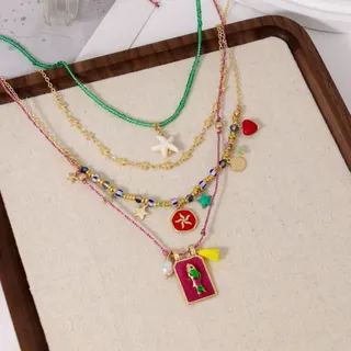 Handmade Colorful Braided Rope Necklace with Multi Charms - Sea Star & Enamel Fish Pendant, Beaded Alloy, Adjustable 40+5cm/45+5cm, Boho Beach Vacation Layering Necklace for Women