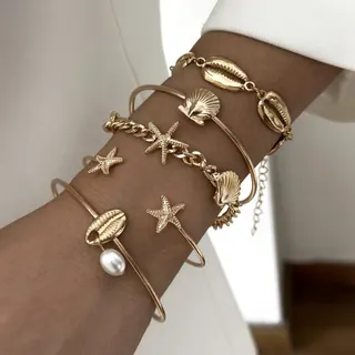Gold Starfish Shell Pearl Bracelet Set of 5 - Open Cuff & Chain Bangle, 18K Gold Plated Alloy with Pearl, Boho Beach Stackable Jewelry for Women
