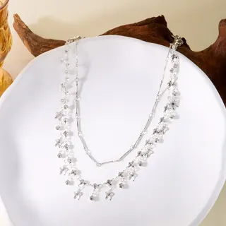 Double Layer Butterfly Necklace - French Vintage Pearl & Flower Choker Chain, Silver White Plated Copper, 35+5cm/40+5cm, Elegant Layered Collarbone Jewelry for Women