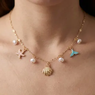 Summer Ocean Themed Necklace for Women - Shell Starfish Mermaid Tail Charm with Faux Pearl, Enamel Gold Plated Clavicle Chain, Sweet Vacation Jewelry (42+8cm)
