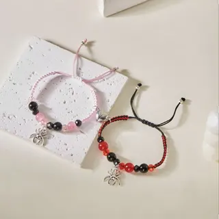 Spider Charm Magnetic Couple Braided Bracelet, Pink & Black Alloy Beaded Adjustable Hand Rope, 16-28cm Sweet-Cool Pair Set