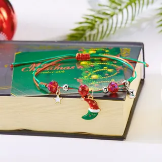 Christmas Bracelet for Women Santa Claus Beaded Braided Cord Bracelet with Star Charm Red Green Crystal Adjustable 18-30cm Holiday Gift Jewelry