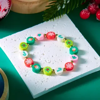 Christmas Clay Bracelet - Handmade Santa Snowman Gift Candy Beads Elastic Stretch Bracelet, Festive Holiday Jewelry Gift for Women