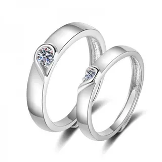 Heart Zircon Couple Rings - Adjustable Open Band Promise Ring Set for Him & Her, Rhodium Plated Silver Tone, Valentine's Day Gift