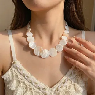 Boho Blue Shell Disc Necklace - Ocean Vacation Statement Choker, Natural Iridescent Shell Beads, Adjustable 48+6cm, Summer Beach Jewelry for Women