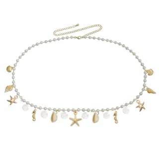 Beach Pearl Waist Chain for Women - Ocean Shell Starfish Seahorse Charm Belt, Adjustable 70+20cm, Boho Summer Wedding Bridesmaid Accessory
