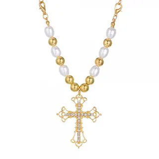 Cross Pendant Necklace with Baroque Pearls, Rhinestone Crystal Cross, Silver Alloy Fashion Jewelry for Women, 40cm