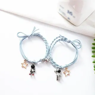 Astronaut Star Braided Elastic Bracelet Set of 2, Black Cord Couple Bracelet with Rose Gold Star & Silver Astronaut Charm, Adjustable Stretchy String Wristband for Women Men