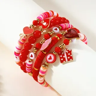 Valentine's Day Beaded Bracelet Set for Women - 5pcs Red Heart & Gift Box Charm Soft Clay Beaded Bracelets, Alloy Gold Accents, ~18cm, Gift for Girlfriend Best Friend