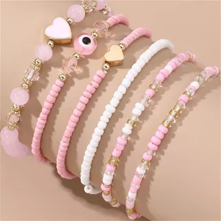 Sweet Evil Eye Beaded Bracelet Set - Pink & White Rice Beads with Crystal, Gold Heart Charm, Stretchy Elastic String, 7.5cm Boho Girlfriend Jewelry Gift