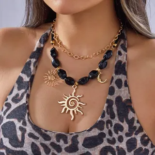 Boho Sun & Moon Pendant Necklace Set, Irregular Black Resin Bead Double Layer Chain, 18K Gold Plated Alloy, Vintage Ethnic Statement Jewelry for Women, 45+5cm