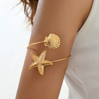 Gold Starfish Shell Arm Cuff Bracelet, Open Adjustable Ocean Style Arm Ring, Vintage Beach Vacation Jewelry for Women