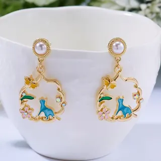 Cute Cat Earrings Enamel Flower Butterfly Hollow Hoop Dangle Earrings with Faux Pearl & Rhinestone, 18K Gold Plated Alloy, Blue French Vintage Jewelry for Women