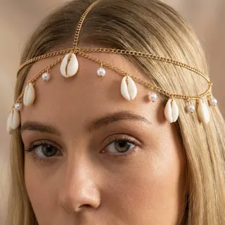 Boho Cowrie Shell & Pearl Headpiece Chain, Gold 18K Plated Alloy Hair Crown, 57cm Beach Wedding Festival Headband for Women