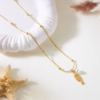 Seashell Necklace for Women, Imitation Pearl Fan Pendant, 18K Gold Plated Stainless Steel Chain, 45+5cm Adjustable, Beach Vacation Style Clavicle Chain