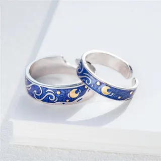 Moon & Star Enamel Open Ring Set for Couples, Adjustable Silver-Plated Alloy Wide Band, Hand-Painted Night Sky Design, Men & Women Matching Rings Gift