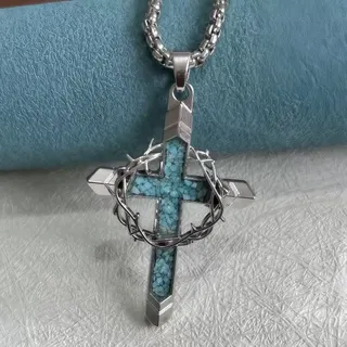 Men's Cross Necklace Black Titanium Steel with Turquoise Stone, Braided Cord Chain, Dark Punk Celtic Religious Pendant Jewelry