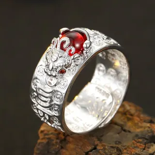 Pixiu Ring for Men, Adjustable Open-Back Sterling-Look Silver Ring with Garnet Stone, Six Syllables Mantra Engraving, Vintage Retro Lucky Wealth Ring