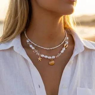 Boho Beach Shell Starfish Pearl Beaded Necklace Set, 2-Piece Layered Gold Plated Alloy Choker with Crystal Charm, Summer Vacation Wedding Jewelry for Women