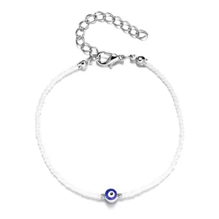 Blue Evil Eye Bracelet for Women, Mediterranean Nazar Charm Beaded Bracelet, White Gold Plated Alloy with Blue Seed Beads & Pearl Accents, Adjustable Lobster Clasp, Boho Lucky Protection Jewelry Gift