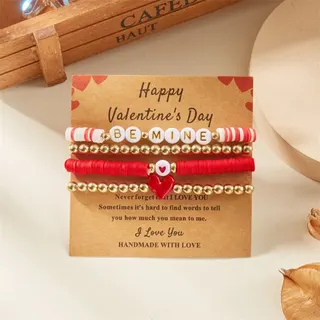 5-Piece Valentine's Day Beaded Bracelet Set, Red White Striped Clay + 18K Gold Plated Alloy, BE MINE Letter Beads with Red Heart Charm, 18cm/7.09in Stackable Gift for Her