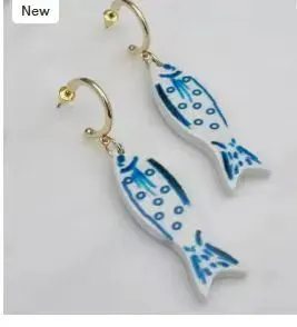 Cute Fish Earrings - Stainless Steel 18K Gold Plated Hook + Acrylic Body, Hand-painted Blue & White Ocean Style, Hypoallergenic Dangle Earrings for Women