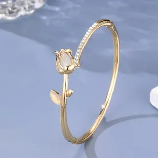 Tulip Cat's Eye & Crystal Open Cuff Bangle, Silver Alloy Floral Bracelet, Elegant Statement Jewelry Gift for Women
