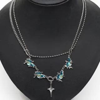 Blue Moonstone Four-Point Star Pendant Double Layer Necklace, Alloy Micro-Paved Rhinestone Clavicle Chain, Elegant Fairy-Lite Design for Women