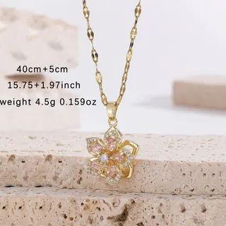 Pink Rhinestone Flower Pendant Necklace for Women, 18K Gold Plated Copper Five-Petal Blossom Choker with White Zircon, 45cm Adjustable Chain, Elegant Gift for Her