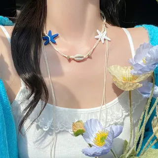 Bohemian Shell Starfish Necklace Waist Chain, Blue White Rope Beaded Long Pendant, 129cm Beach Vacation Jewelry, One-Piece Two-Way Wear