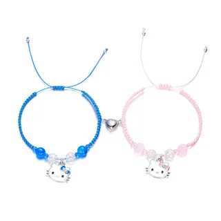 Hello Kitty Couple Bracelet Set - Glass Bead & Alloy Cat Charm, Magnetic Heart Clasp, Blue & Pink 18cm Cute Cartoon Hand Chain for Best Friends