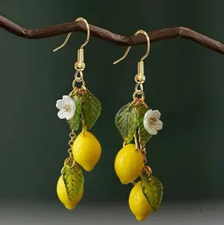 French Vintage Lemon Earrings - 18K Gold Plated Alloy, White Flower & Green Leaf Long Dangle Earrings, Boho Garden Style, Approx 7cm, Pair