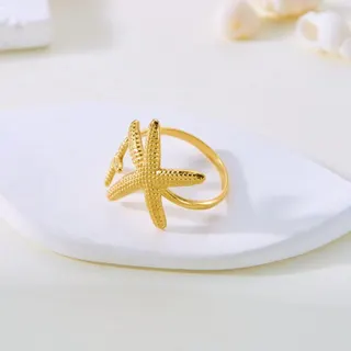 Gold Starfish Ring for Women, Adjustable Open Band Stainless Steel 18K Gold Plated, Ocean Vacation Boho Jewelry, Hypoallergenic Dainty Finger Ring
