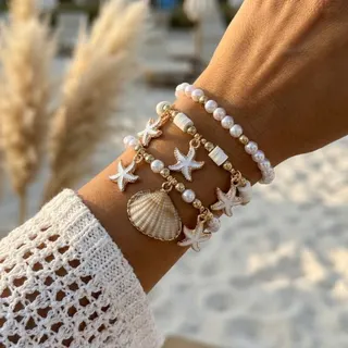 Ocean Starfish Shell Pearl Bracelet Set of 3 - Boho Beach Vacation Stackable Bracelets for Women, Alloy Imitation Pearl Resin, 18cm